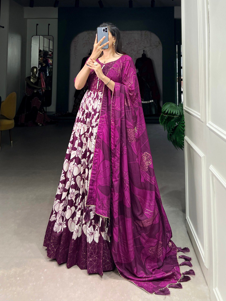 Wine Elegant Tussar Silk Ready-to-Wear Gown with Dupatta