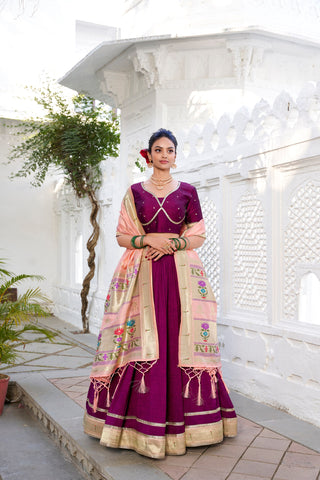 Wine Elegant Vichitra Silk Lehenga Choli with Paithni Lace Border & Zari Woven Dupatta