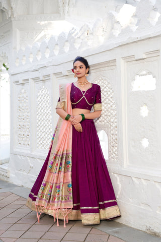Wine Elegant Vichitra Silk Lehenga Choli with Paithni Lace Border & Zari Woven Dupatta