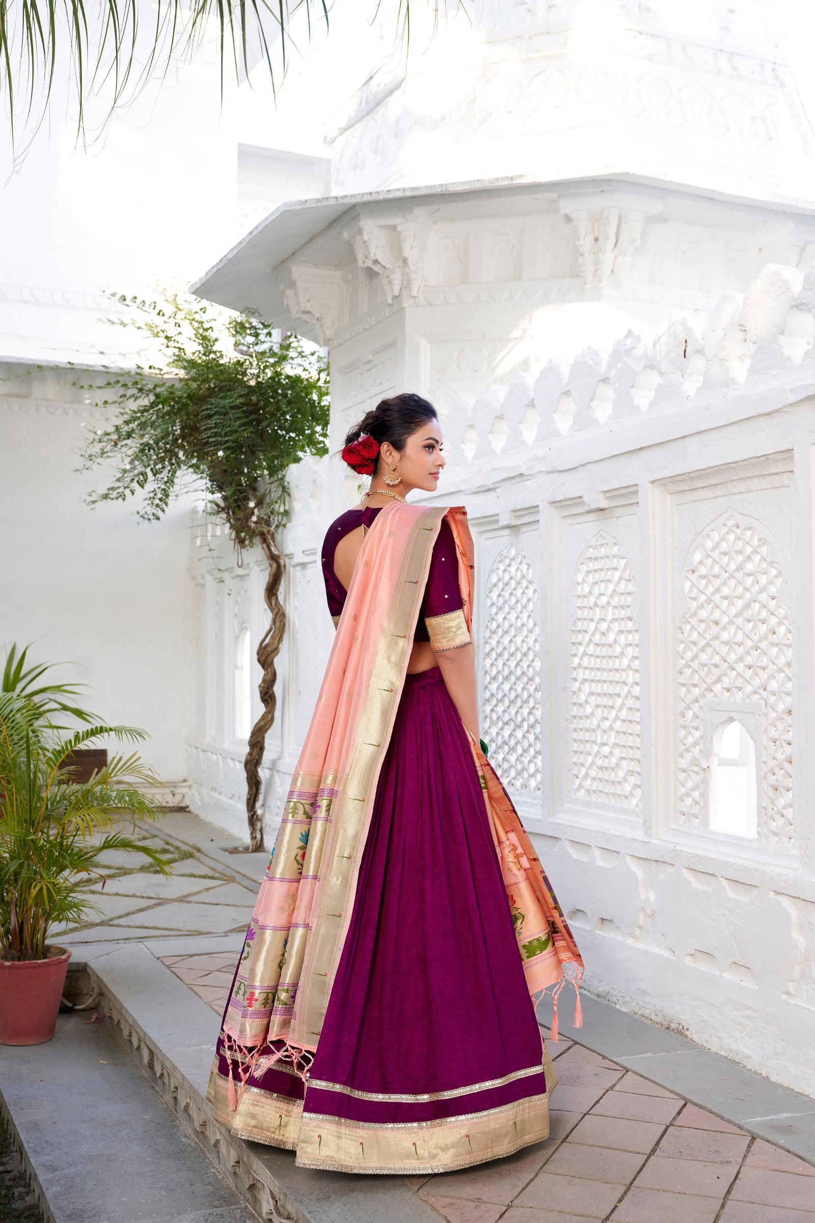 Wine Elegant Vichitra Silk Lehenga Choli with Paithni Lace Border & Zari Woven Dupatta