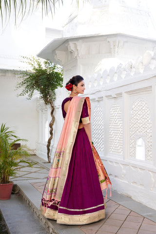 Wine Elegant Vichitra Silk Lehenga Choli with Paithni Lace Border & Zari Woven Dupatta