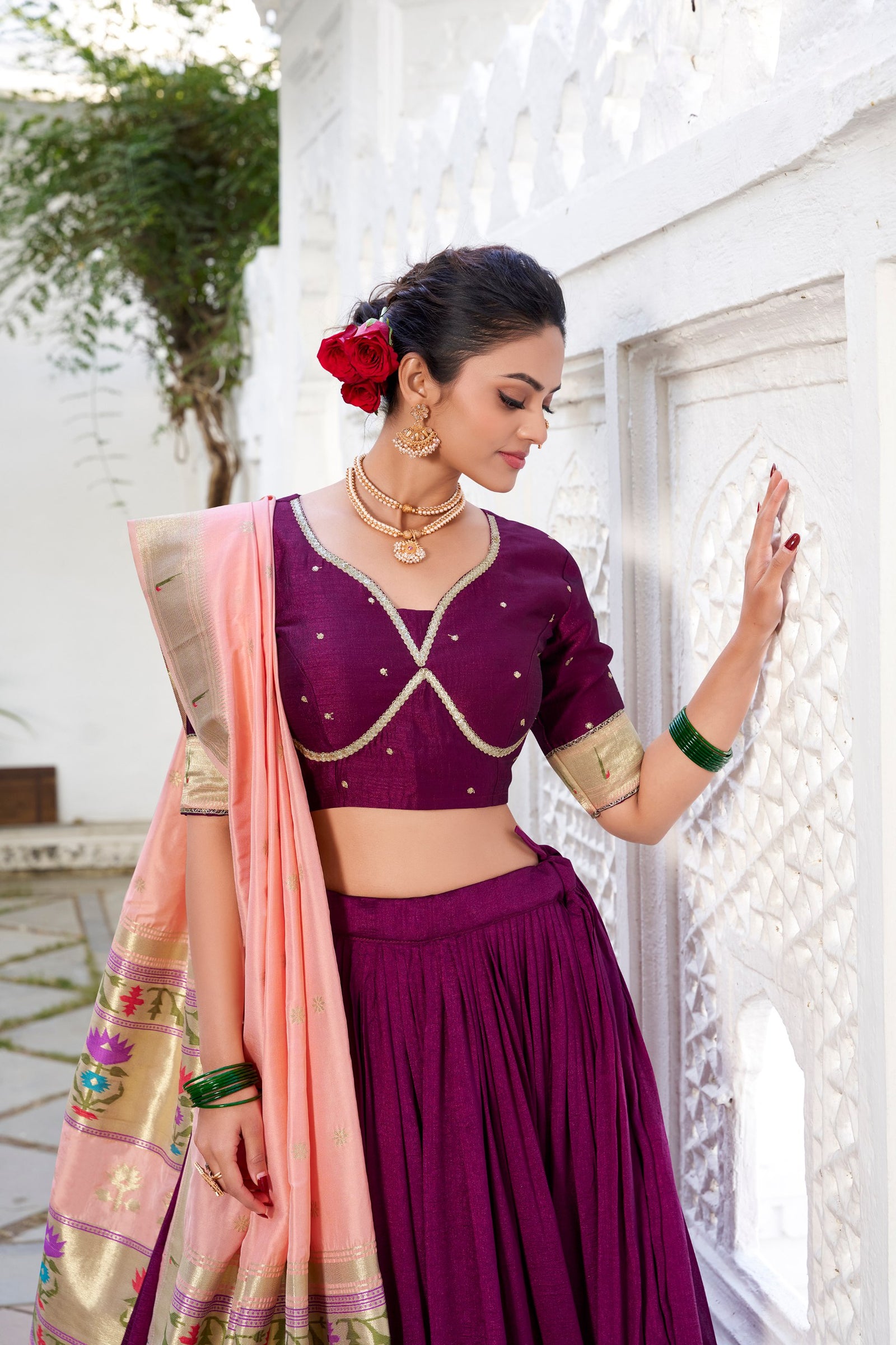 Wine Elegant Vichitra Silk Lehenga Choli with Paithni Lace Border & Zari Woven Dupatta