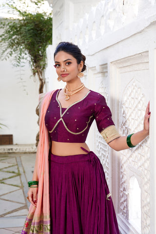 Wine Elegant Vichitra Silk Lehenga Choli with Paithni Lace Border & Zari Woven Dupatta