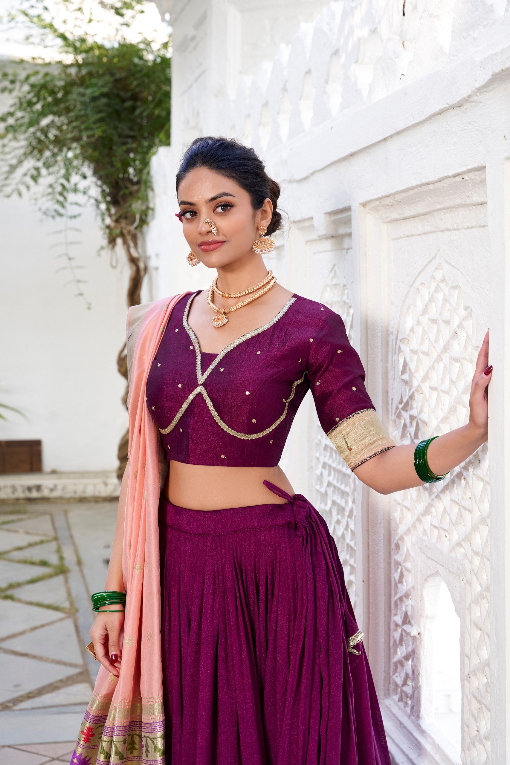 Wine Elegant Vichitra Silk Lehenga Choli with Paithni Lace Border & Zari Woven Dupatta