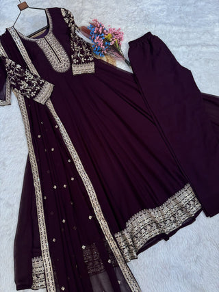 Wine Embroidered Anarkali Gown ClothsVilla
