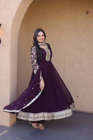 Wine Embroidered Anarkali Gown ClothsVilla