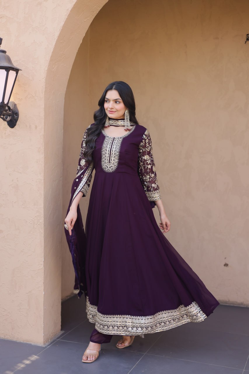 Wine Embroidered Anarkali Gown ClothsVilla