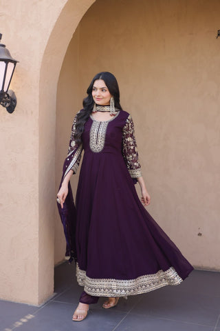 Wine Embroidered Anarkali Gown ClothsVilla