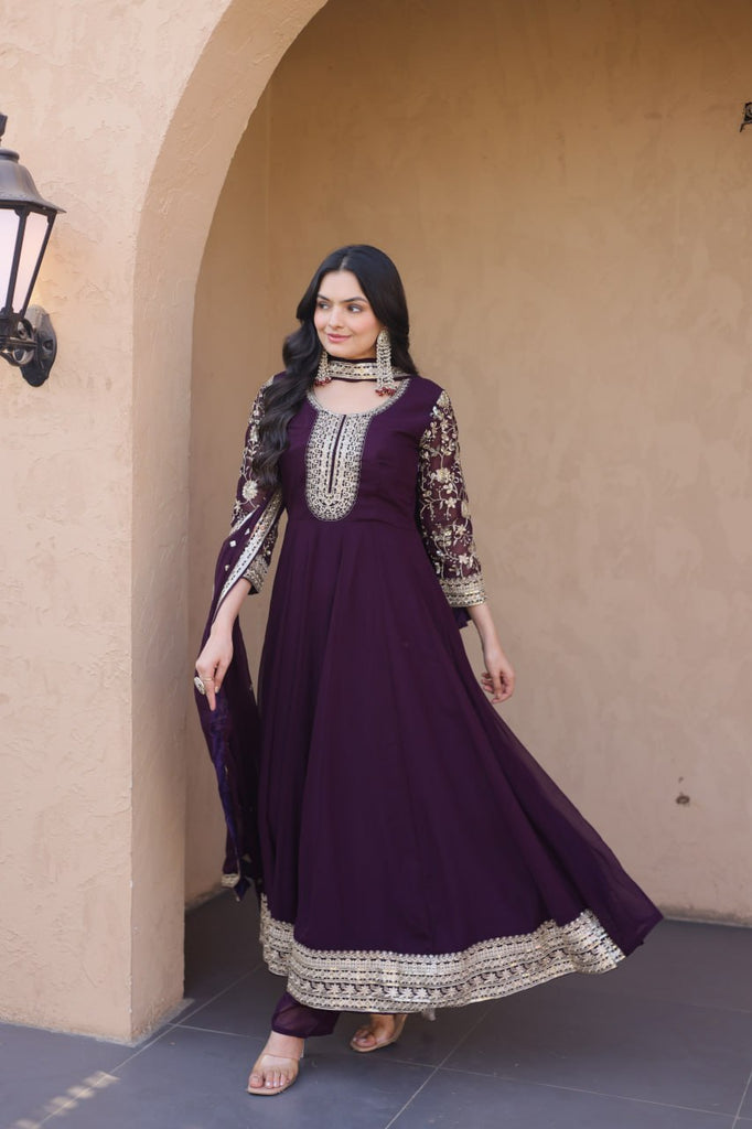 Wine Embroidered Anarkali Gown ClothsVilla