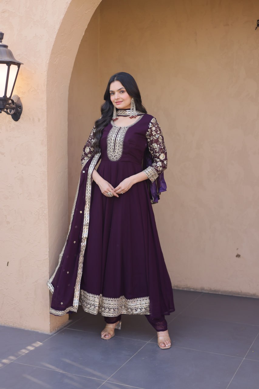 Wine Embroidered Anarkali Gown ClothsVilla