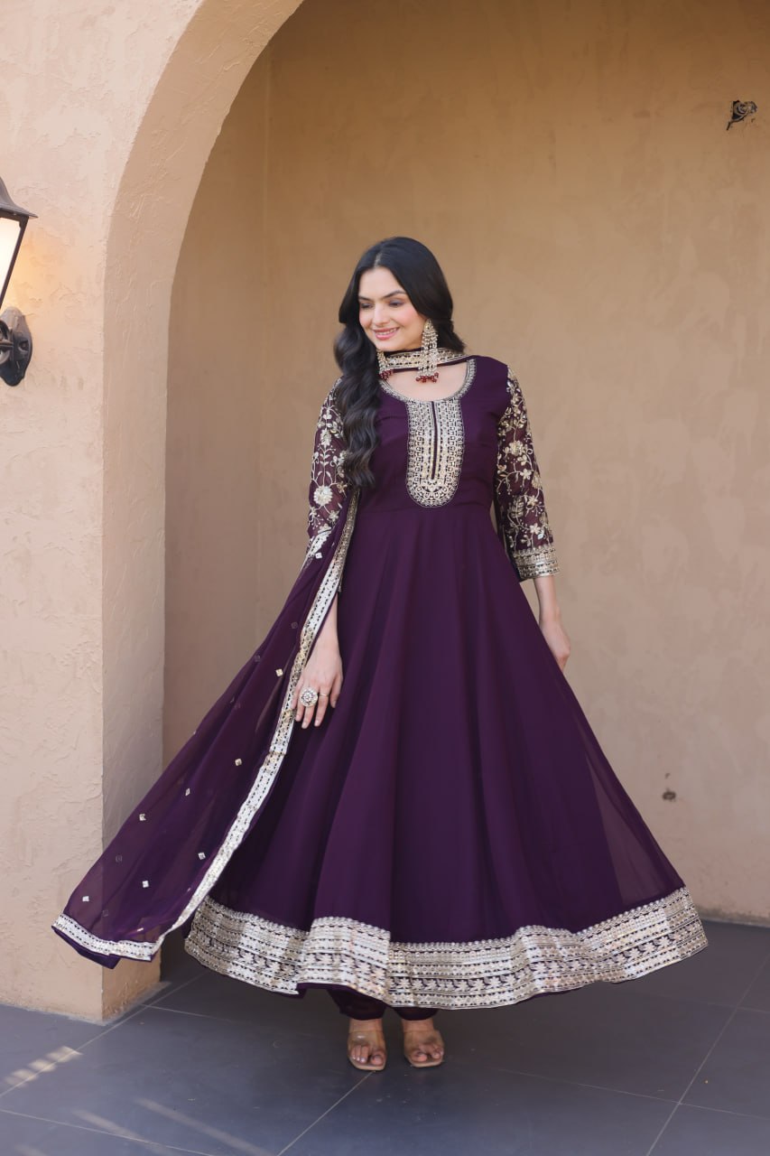 Wine Embroidered Anarkali Gown ClothsVilla