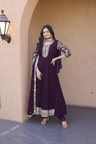 Wine Embroidered Anarkali Gown ClothsVilla