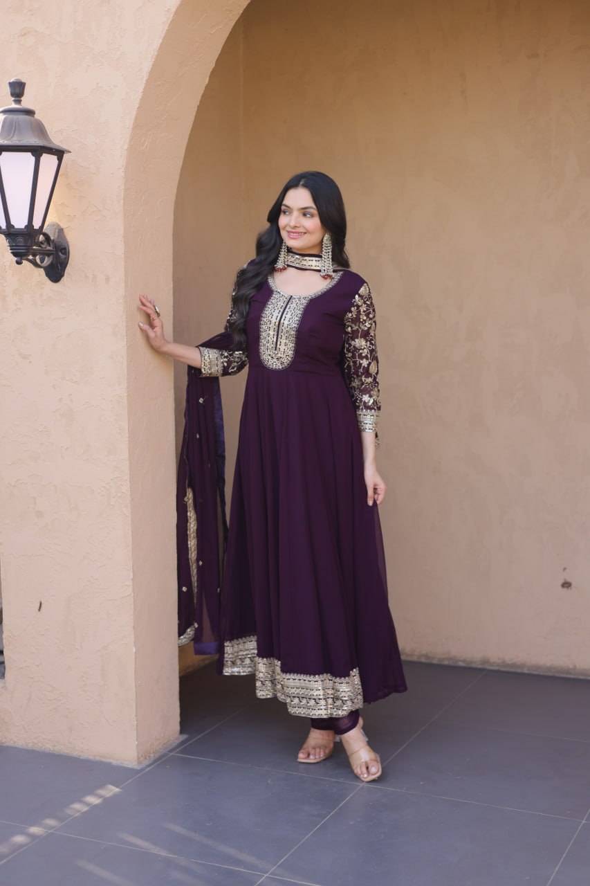 Wine Embroidered Anarkali Gown ClothsVilla