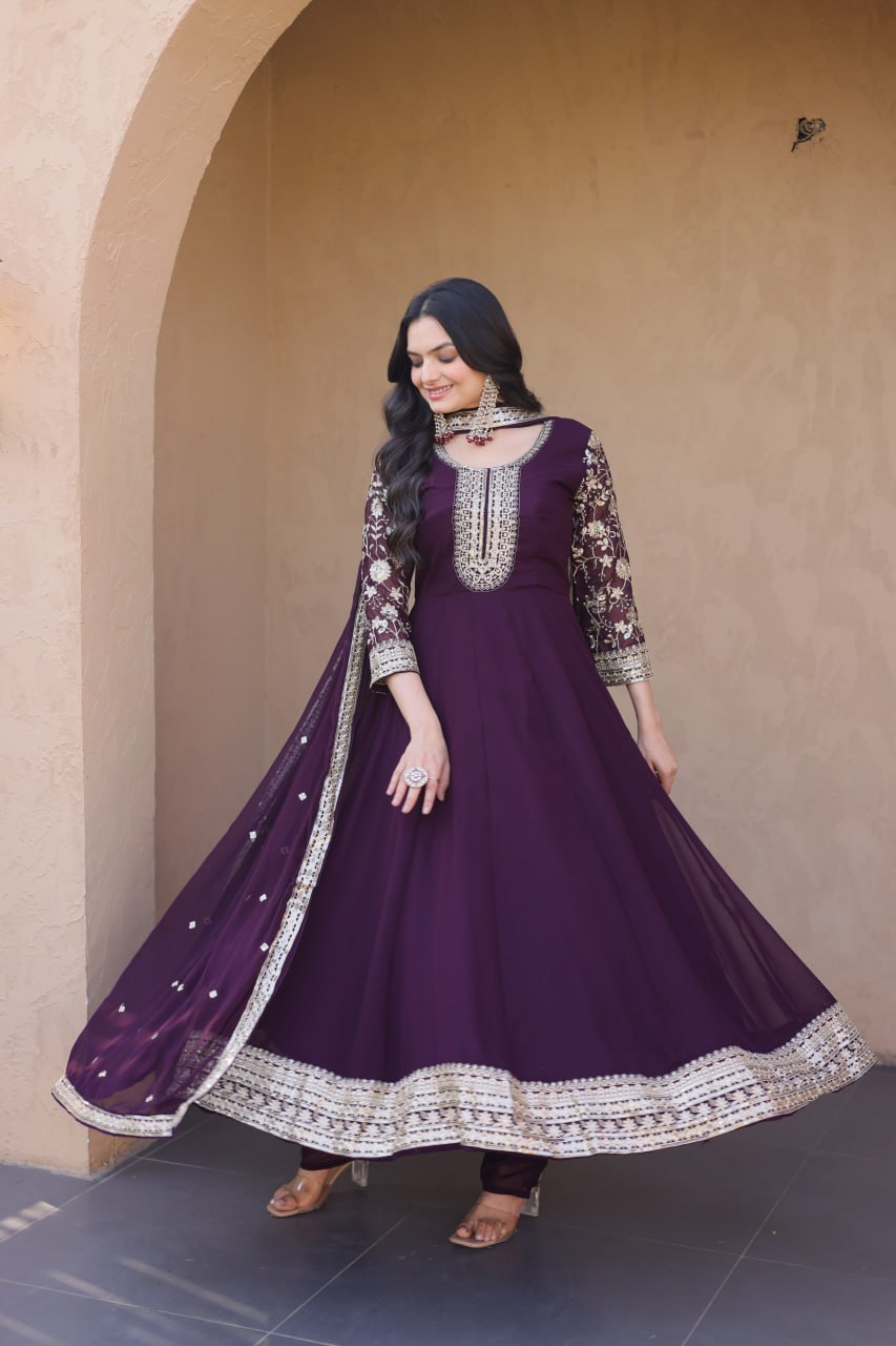 Wine Embroidered Anarkali Gown ClothsVilla