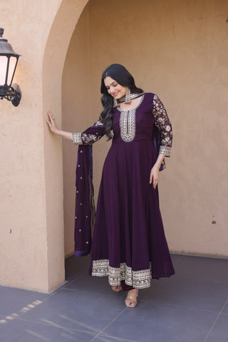 Wine Embroidered Anarkali Gown ClothsVilla