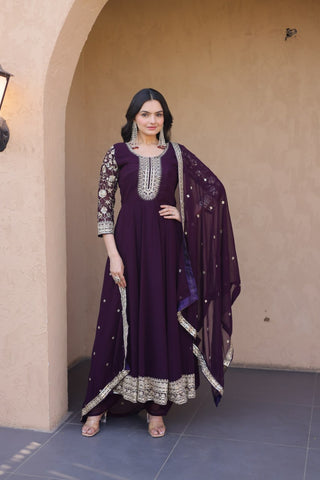 Wine Embroidered Anarkali Gown ClothsVilla