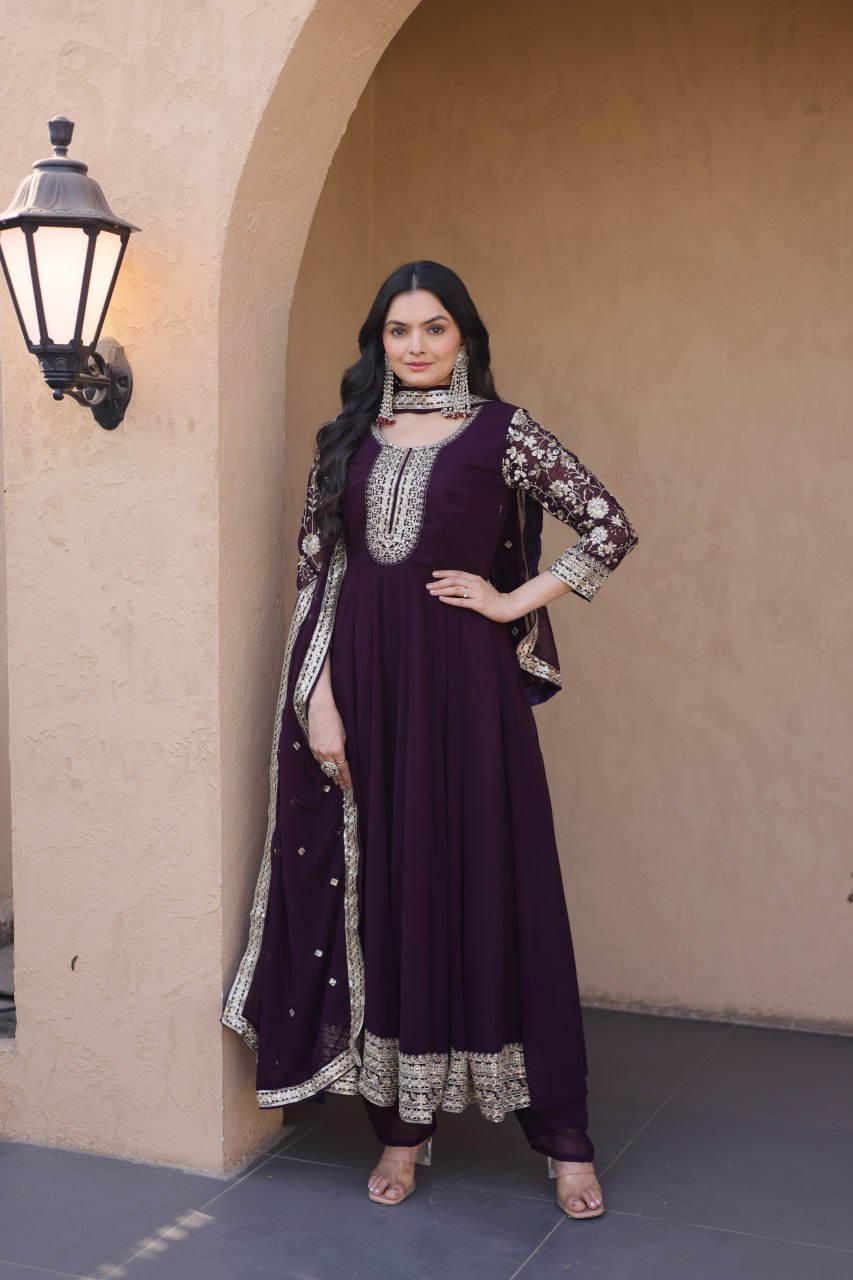 Wine Embroidered Anarkali Gown ClothsVilla