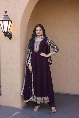 Wine Embroidered Anarkali Gown ClothsVilla