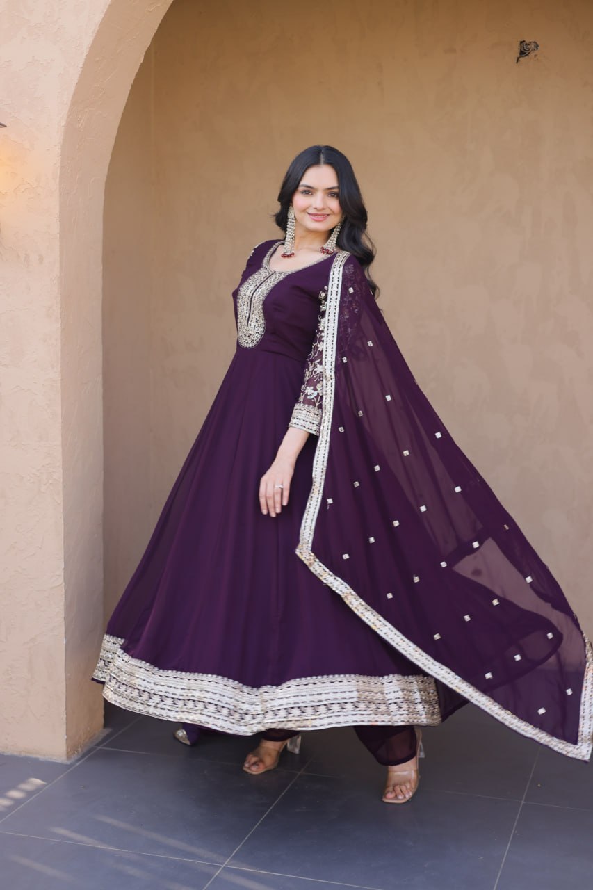 Wine Embroidered Anarkali Gown ClothsVilla