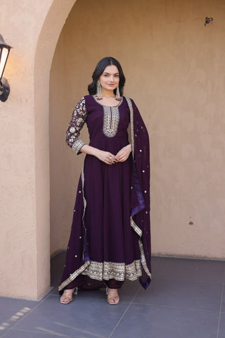 Wine Embroidered Anarkali Gown ClothsVilla