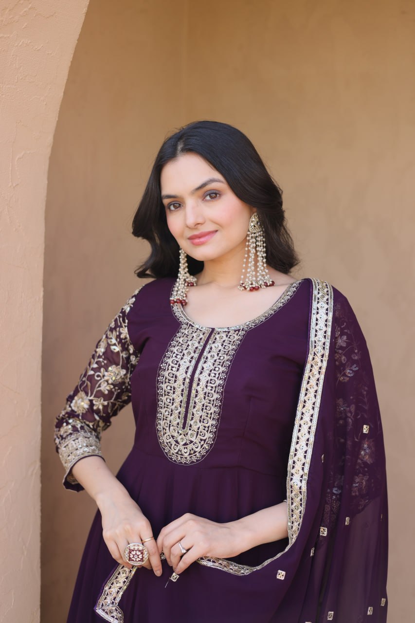 Wine Embroidered Anarkali Gown ClothsVilla