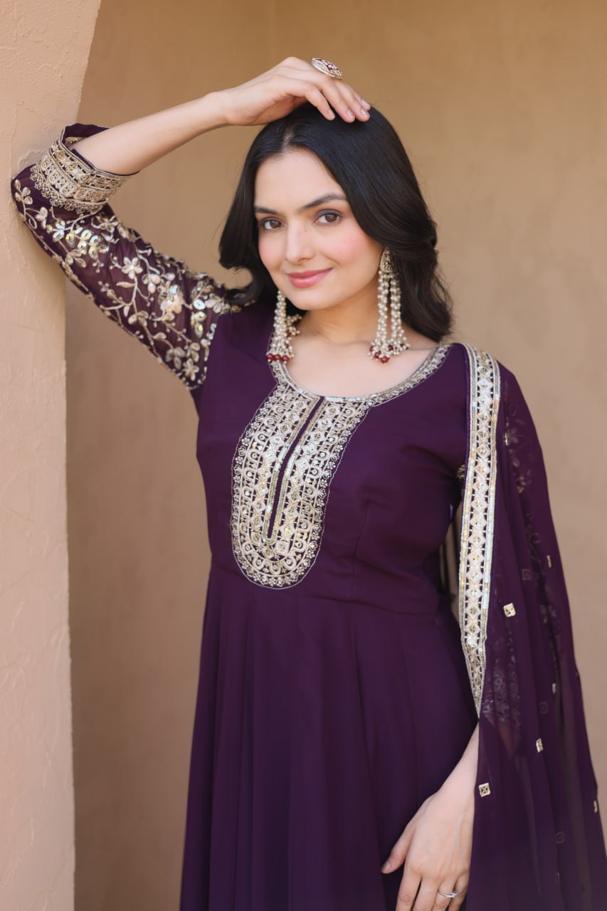 Wine Embroidered Anarkali Gown ClothsVilla