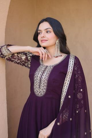 Wine Embroidered Anarkali Gown ClothsVilla