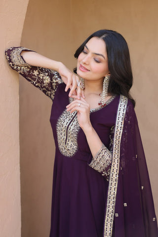 Wine Embroidered Anarkali Gown ClothsVilla