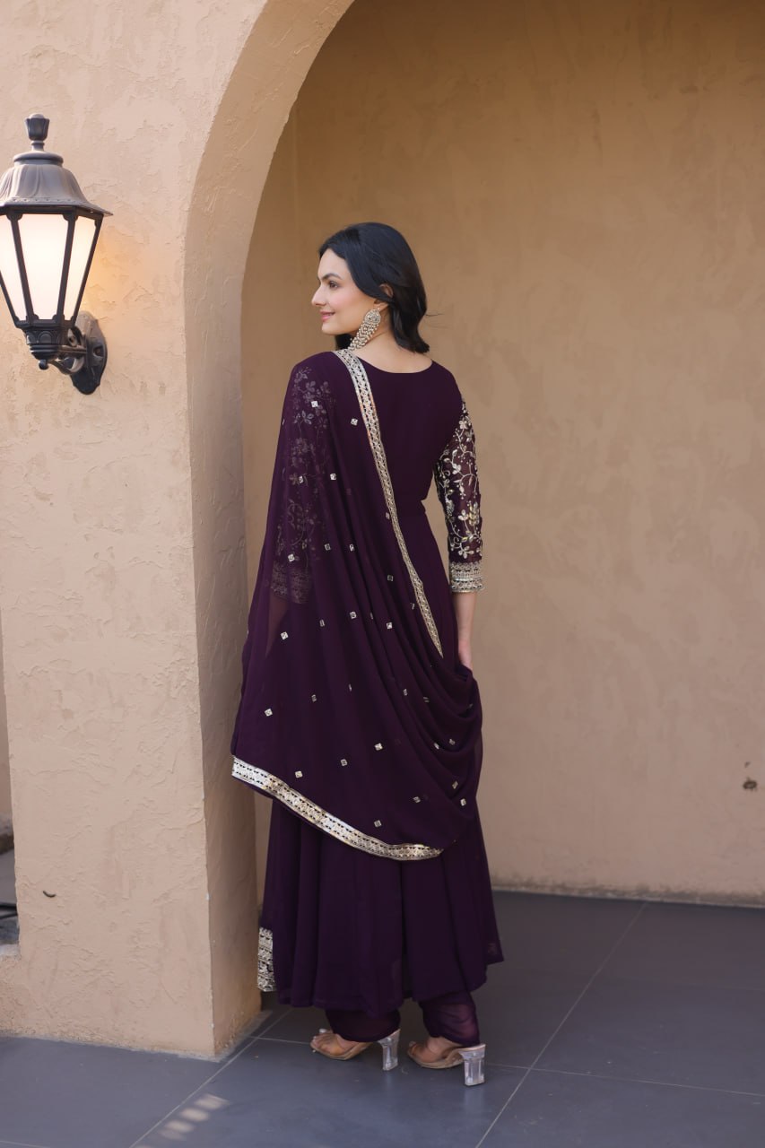 Wine Embroidered Anarkali Gown ClothsVilla