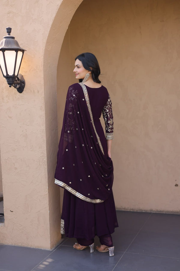 Wine Embroidered Anarkali Gown ClothsVilla