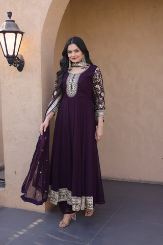 Wine Embroidered Anarkali Gown ClothsVilla