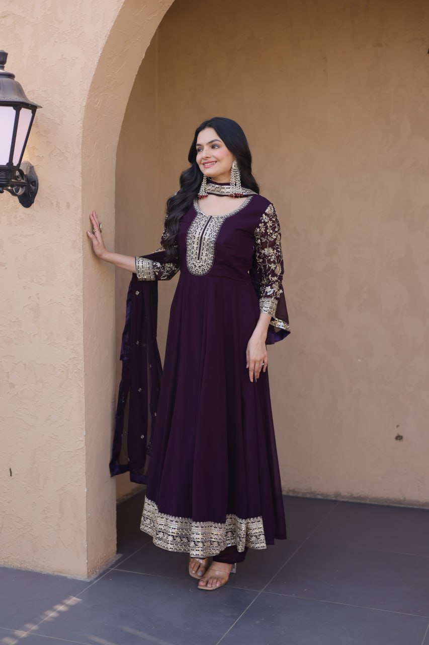 Wine Embroidered Anarkali Gown ClothsVilla