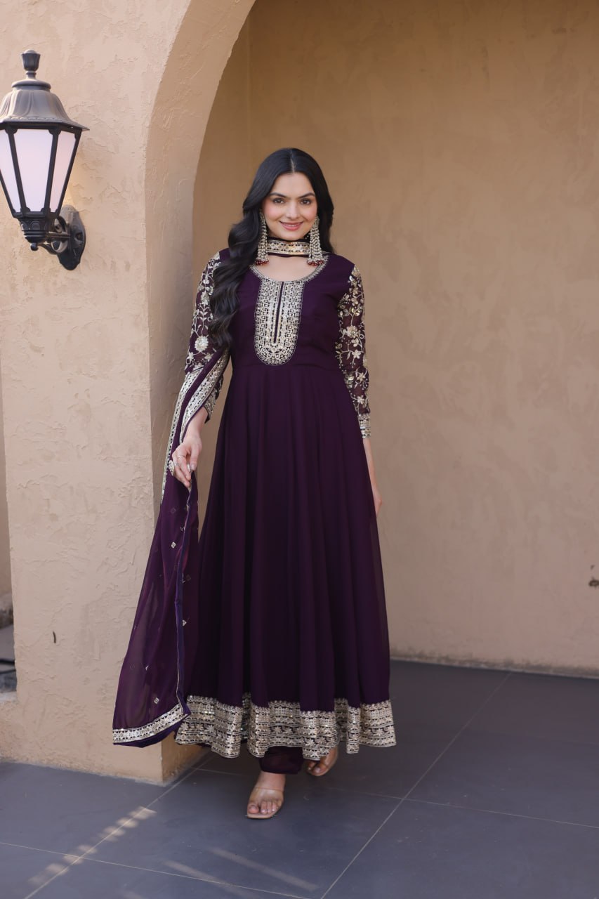 Wine Embroidered Anarkali Gown ClothsVilla