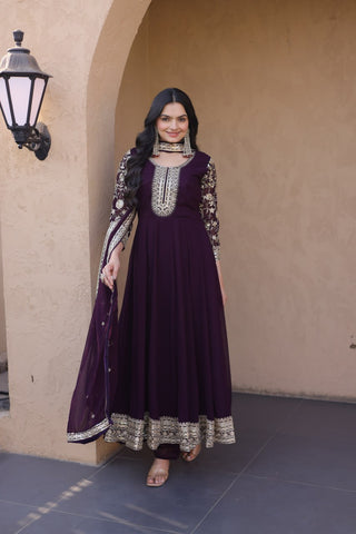 Wine Embroidered Anarkali Gown ClothsVilla