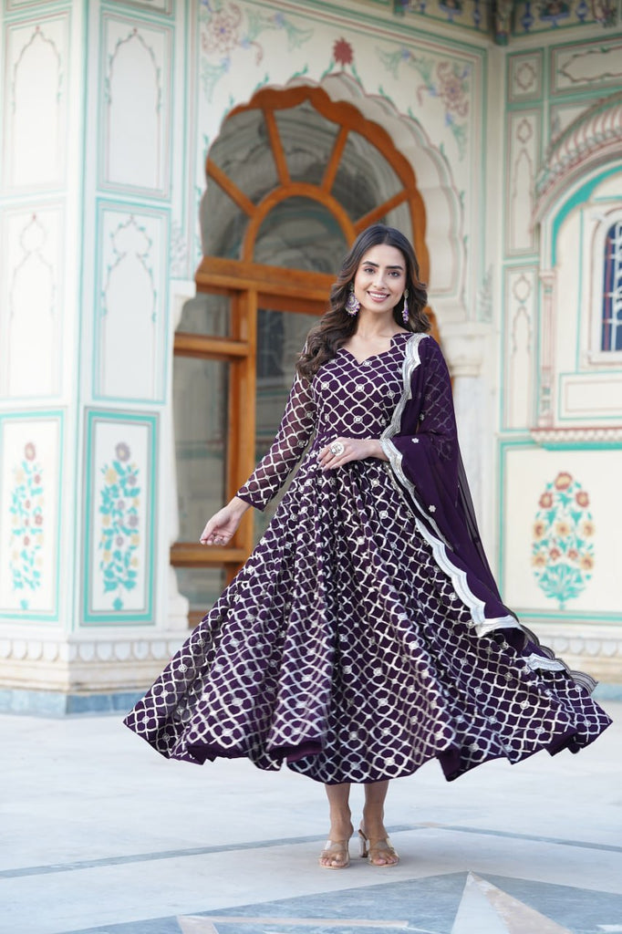 Wine Embroidered Faux Blooming Gown with Sequin Dupatta ClothsVilla