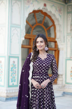Load image into Gallery viewer, Wine Embroidered Faux Blooming Gown with Sequin Dupatta ClothsVilla