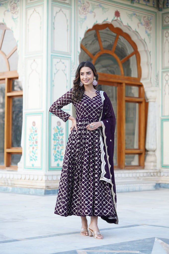 Wine Embroidered Faux Blooming Gown with Sequin Dupatta ClothsVilla