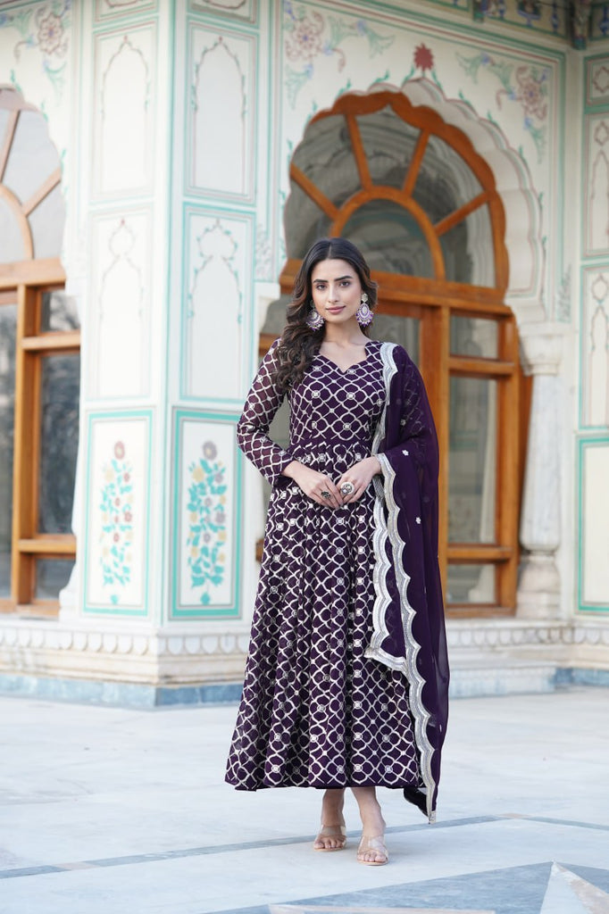 Wine Embroidered Faux Blooming Gown with Sequin Dupatta ClothsVilla
