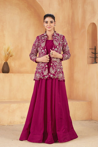 Wine Embroidered Jacket Gown Set ClothsVilla
