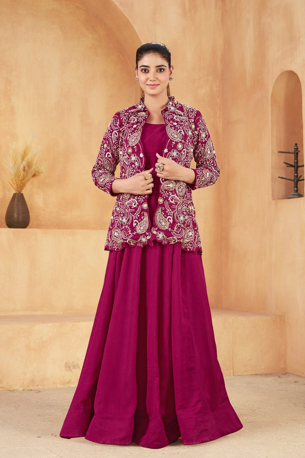 Wine Embroidered Jacket Gown Set ClothsVilla