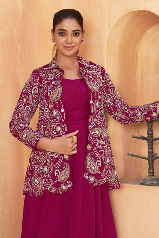 Wine Embroidered Jacket Gown Set ClothsVilla