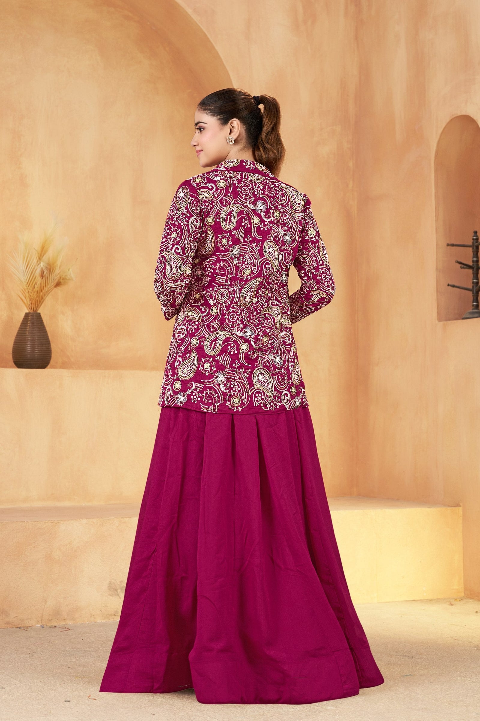 Wine Embroidered Jacket Gown Set ClothsVilla