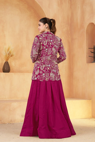 Wine Embroidered Jacket Gown Set ClothsVilla
