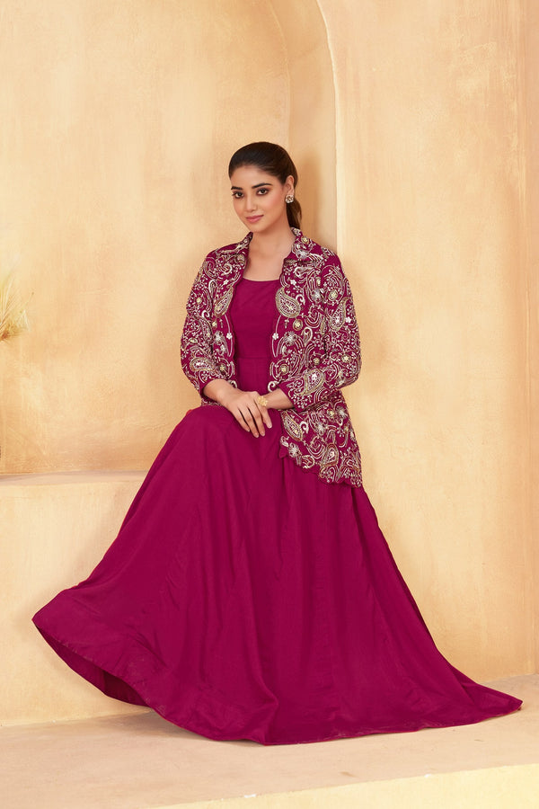 Wine Embroidered Jacket Gown Set ClothsVilla