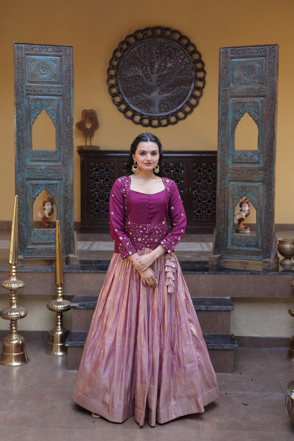 Wine Embroidered jacquard Lehenga Set ClothsVilla