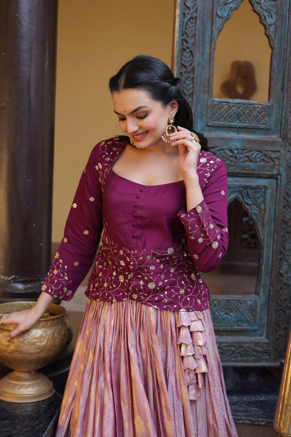 Wine Embroidered jacquard Lehenga Set ClothsVilla