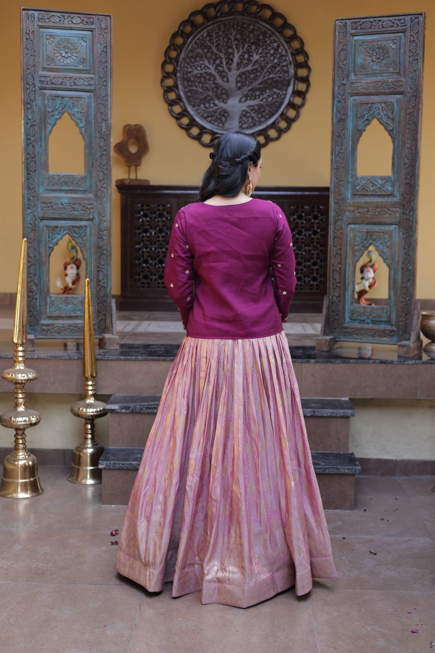 Wine Embroidered jacquard Lehenga Set ClothsVilla