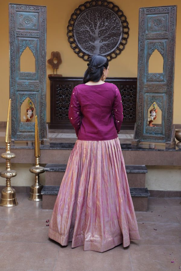Wine Embroidered jacquard Lehenga Set ClothsVilla