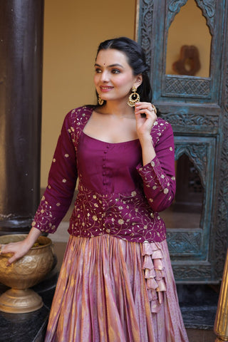 Wine Embroidered jacquard Lehenga Set ClothsVilla