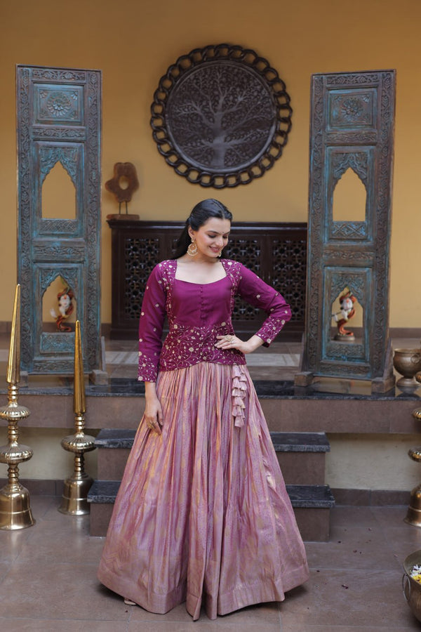 Wine Embroidered jacquard Lehenga Set ClothsVilla